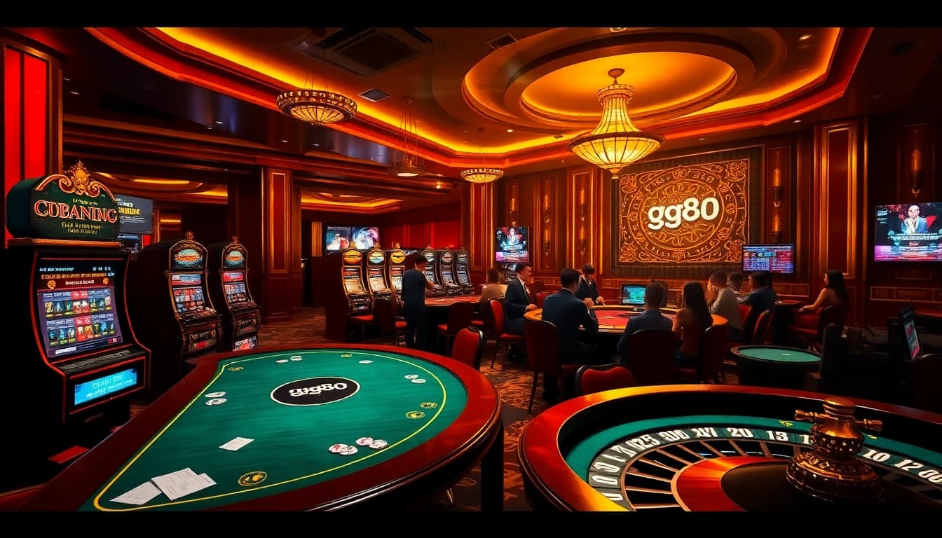 A dynamic casino scene showcasing gg88 ltd with players at poker tables, immersive atmosphere, and vivid slot machines.