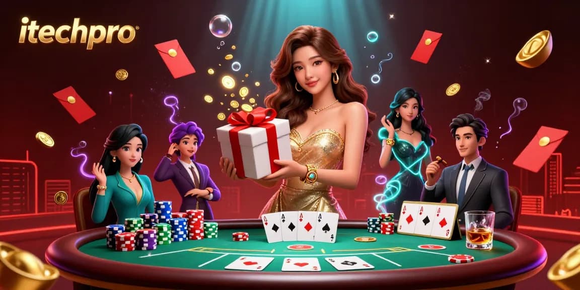 Engage with festive gambling activities featuring itechpro and a stunning Asian woman surrounded by casino elements.