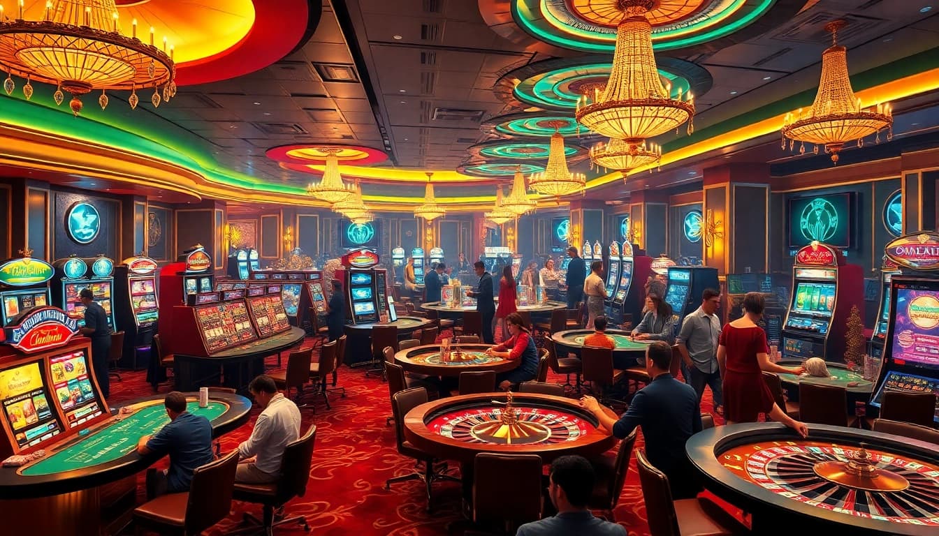 Experience the excitement at trang chủ luck8 with a luxurious casino scene showcasing gaming tables and vibrant slot machines.