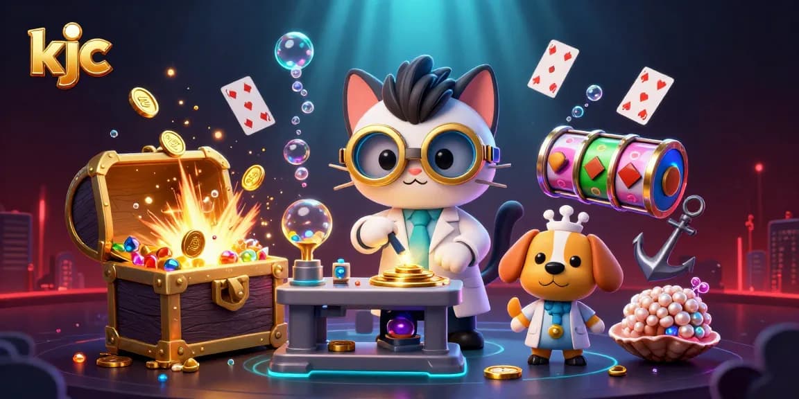 KJC players celebrate as they spin slot reels, winning gold coins and gems in an exciting casino adventure.