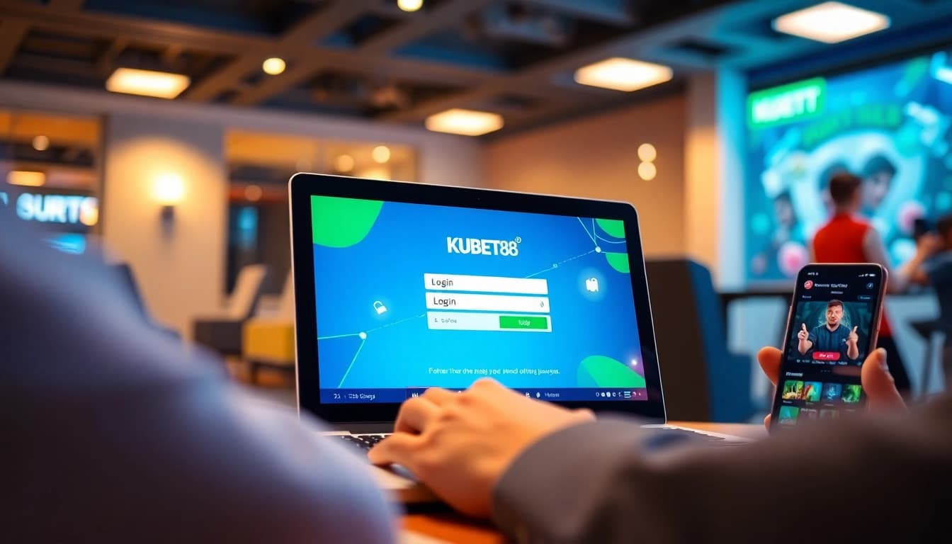 Logging into KUBET88 – Bước Đầu Chinh Phục Hành Trình Cá Cược with a user engaging on multiple devices, showcasing a secure and vibrant online gaming experience.