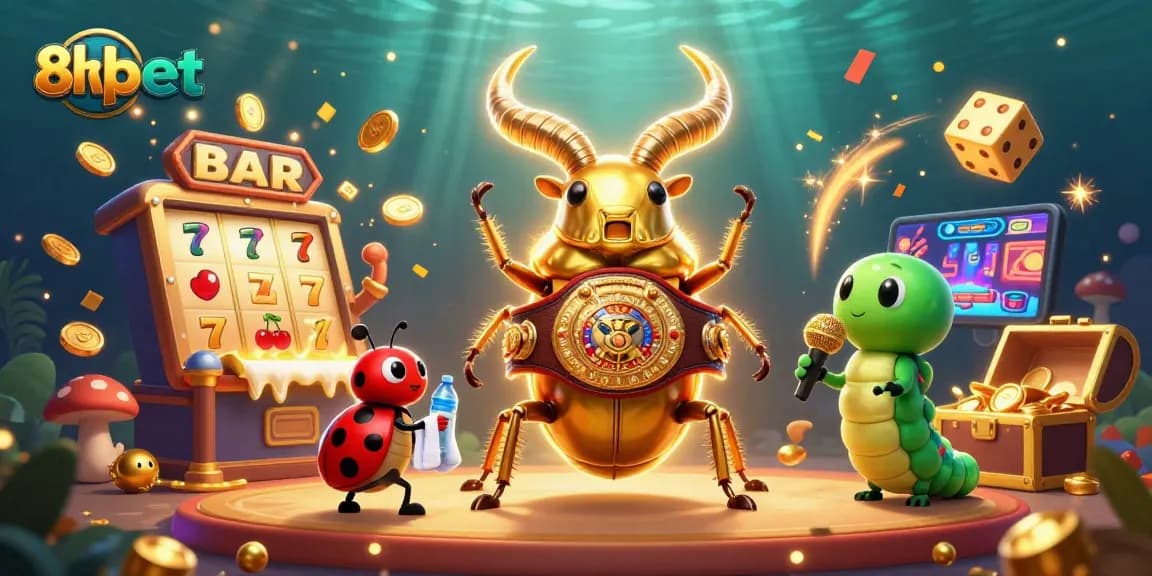 Spin to win with 8xbet in this vibrant casino scene featuring 3D characters and slot game action.