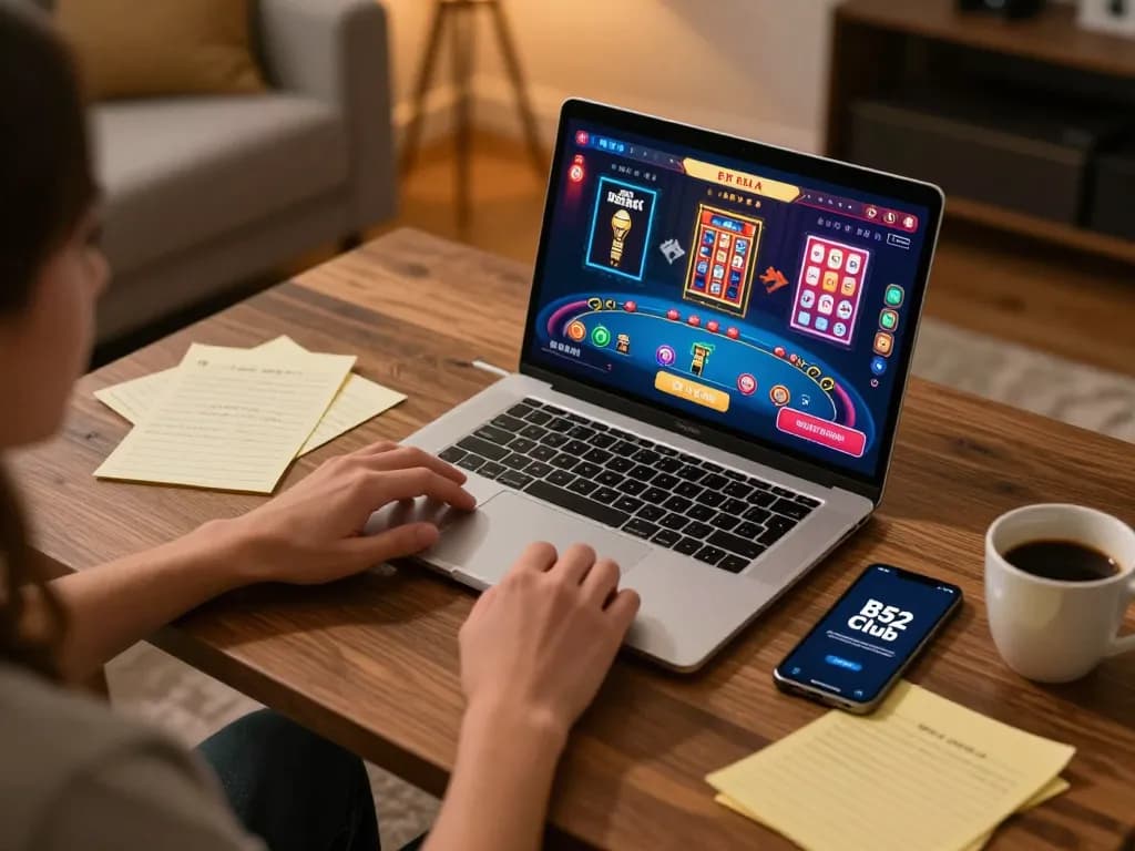 B52 Club player enjoying online casino games on a laptop with strategic notes surrounding.