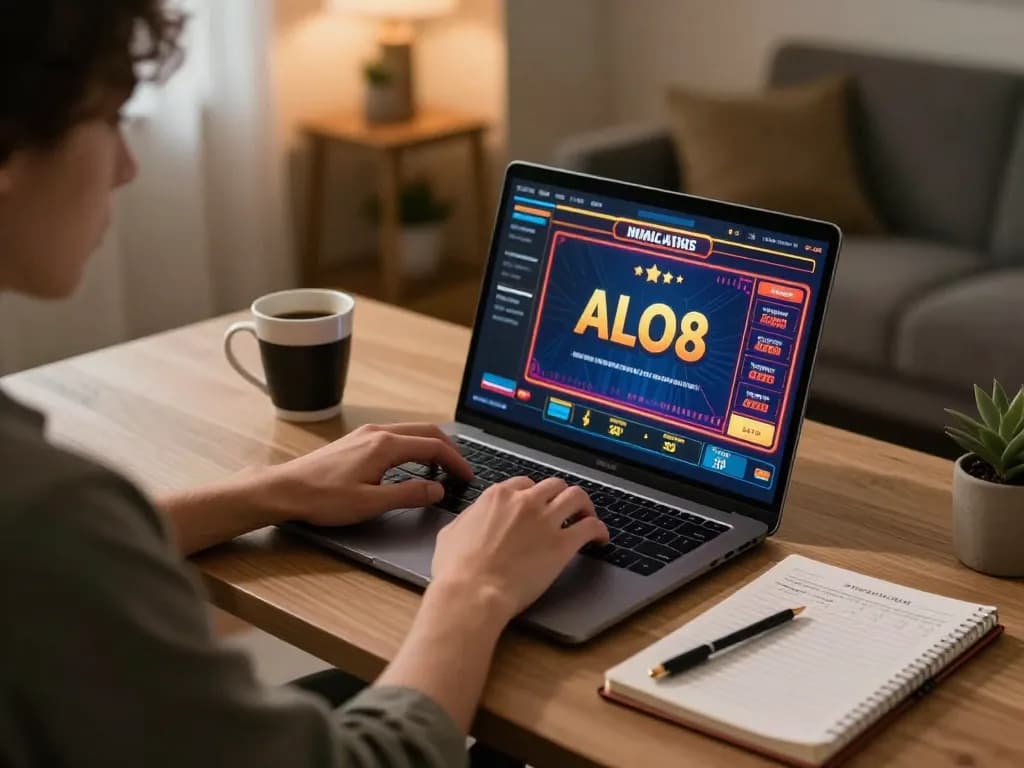 Player engaging with ALO8 online casino, showcasing smartphone and betting strategies in a cozy home setting.