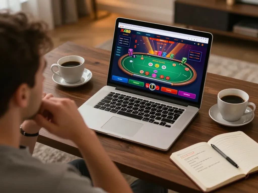 Player engaging with an online blackjack game at XX88, showcasing strategic gameplay in a cozy home environment