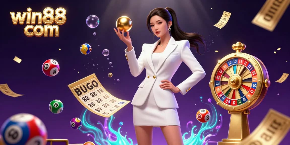 Win88 com features a glamorous Asian woman confidently promoting casino elements in an energetic 3D illustration.