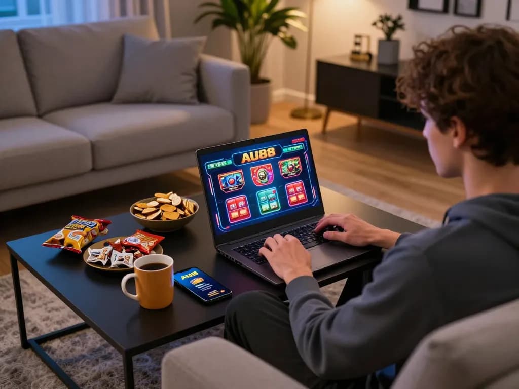 Player engaging in AU88 click games on a laptop at home with a casual atmosphere