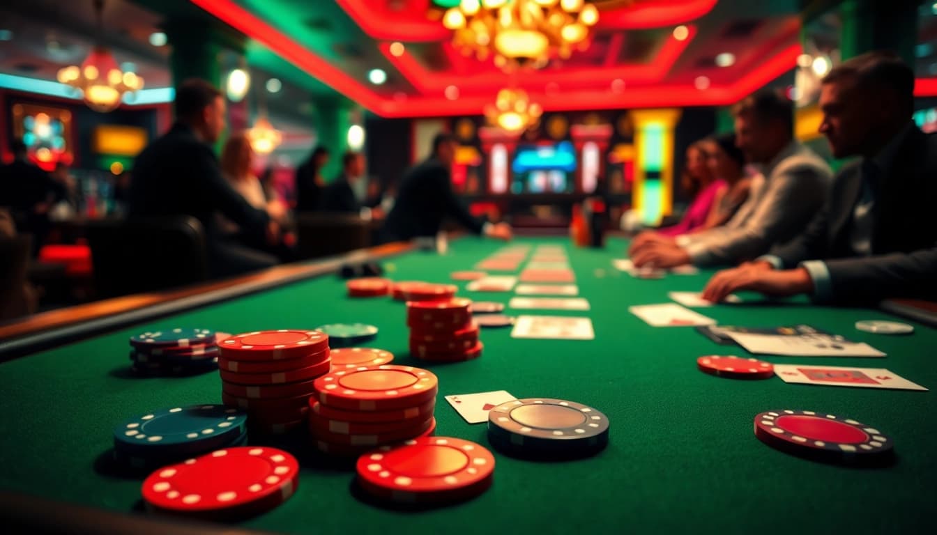 Engaged players at a casino gaming table celebrating rr88 gratis wins with vibrant atmosphere.