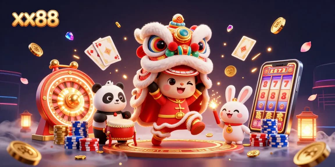 Experience xx88 gaming thrills with a lion dance, cosmic coins, and vibrant casino elements.