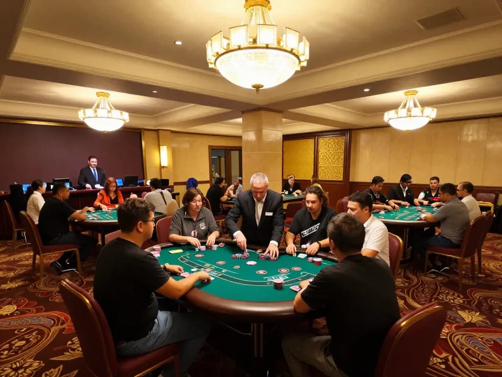 Engaged players at tg88 nhà cái poker tables in an upscale casino setting, showcasing intense gameplay and vibrant atmosphere.