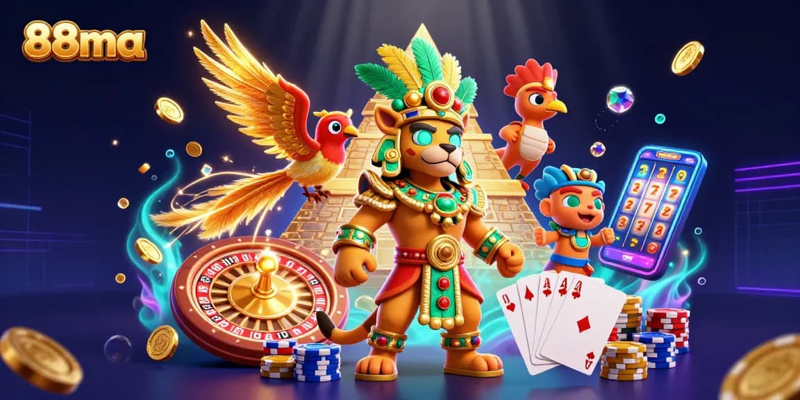 Experience thrilling gameplay at 88ma with Mayan jaguar priest amidst vibrant casino elements.