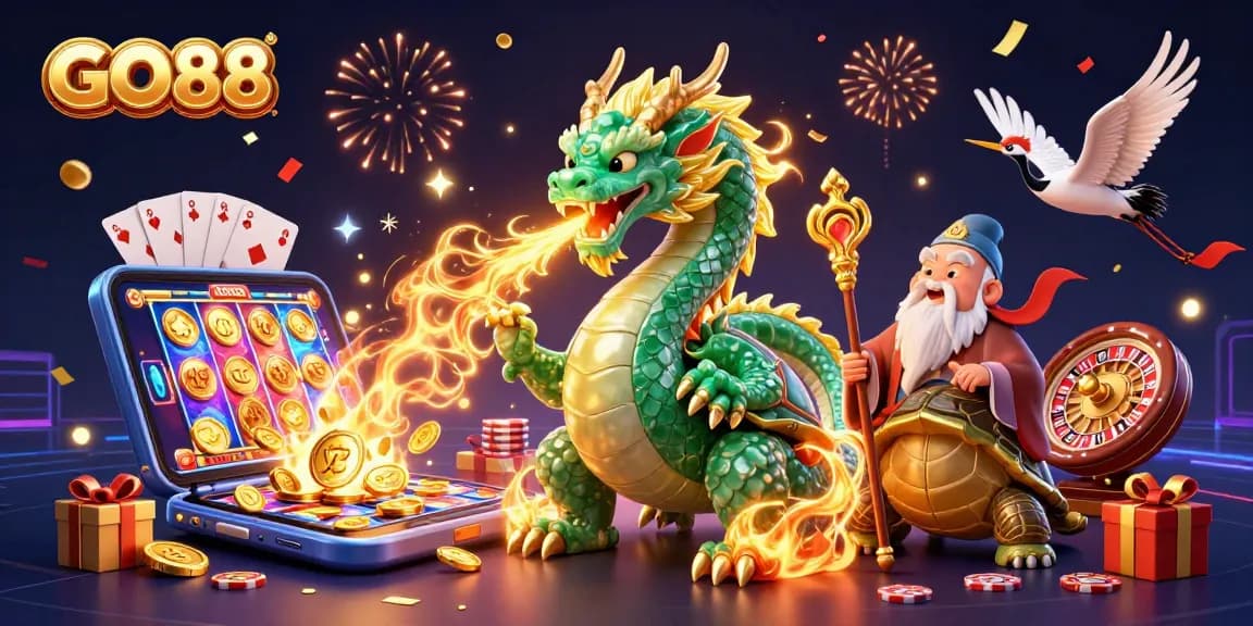 Experience thrilling gameplay with GO88 featuring a dragon, turtle sage, and lucky cranes in a vibrant casino scene.