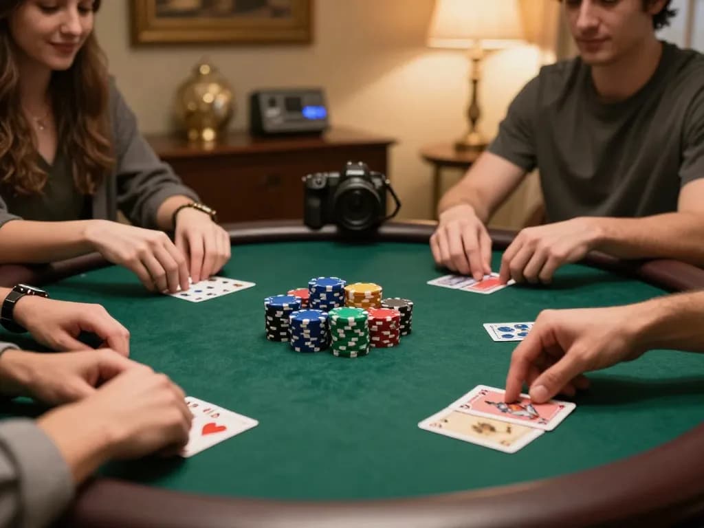 Players engaging in an intense poker night at home, showcasing strategy and camaraderie in gambling.