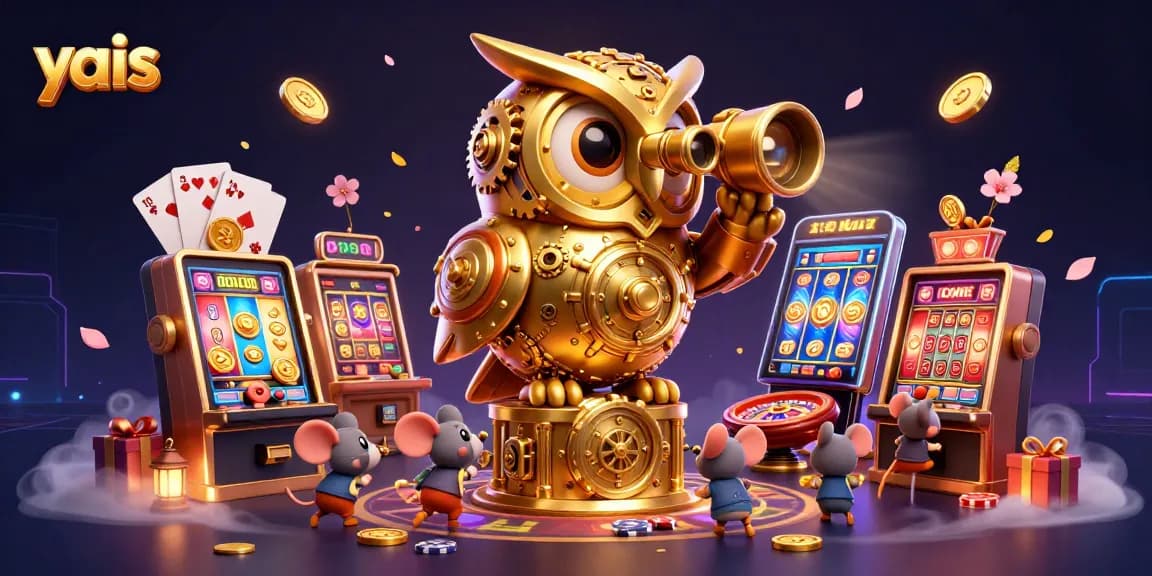 Experience thrilling gameplay at yais with a cartoon clockwork owl observing lively casino action.