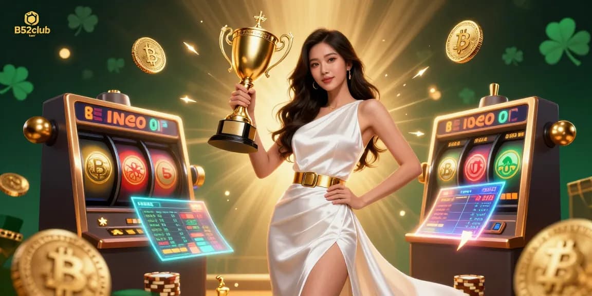 B52club showcases a victorious Asian woman in a stunning gown, surrounded by dynamic gaming elements like slot reels and crypto coins.