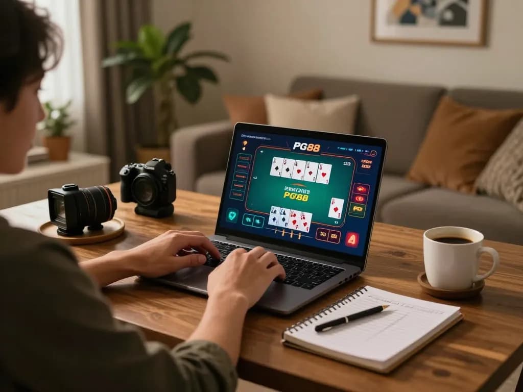 Engaging PG88 online casino gaming session at home with strategic notes and warm ambiance.