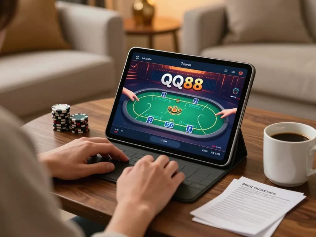 Engaging scene of a player using QQ88 on a tablet for online casino gaming at home.
