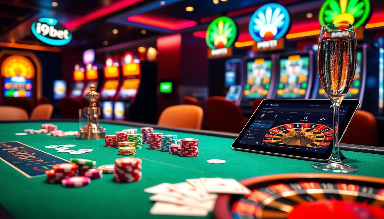 i9bet online gaming scene with poker chips, cards, roulette wheel, and vibrant ambiance