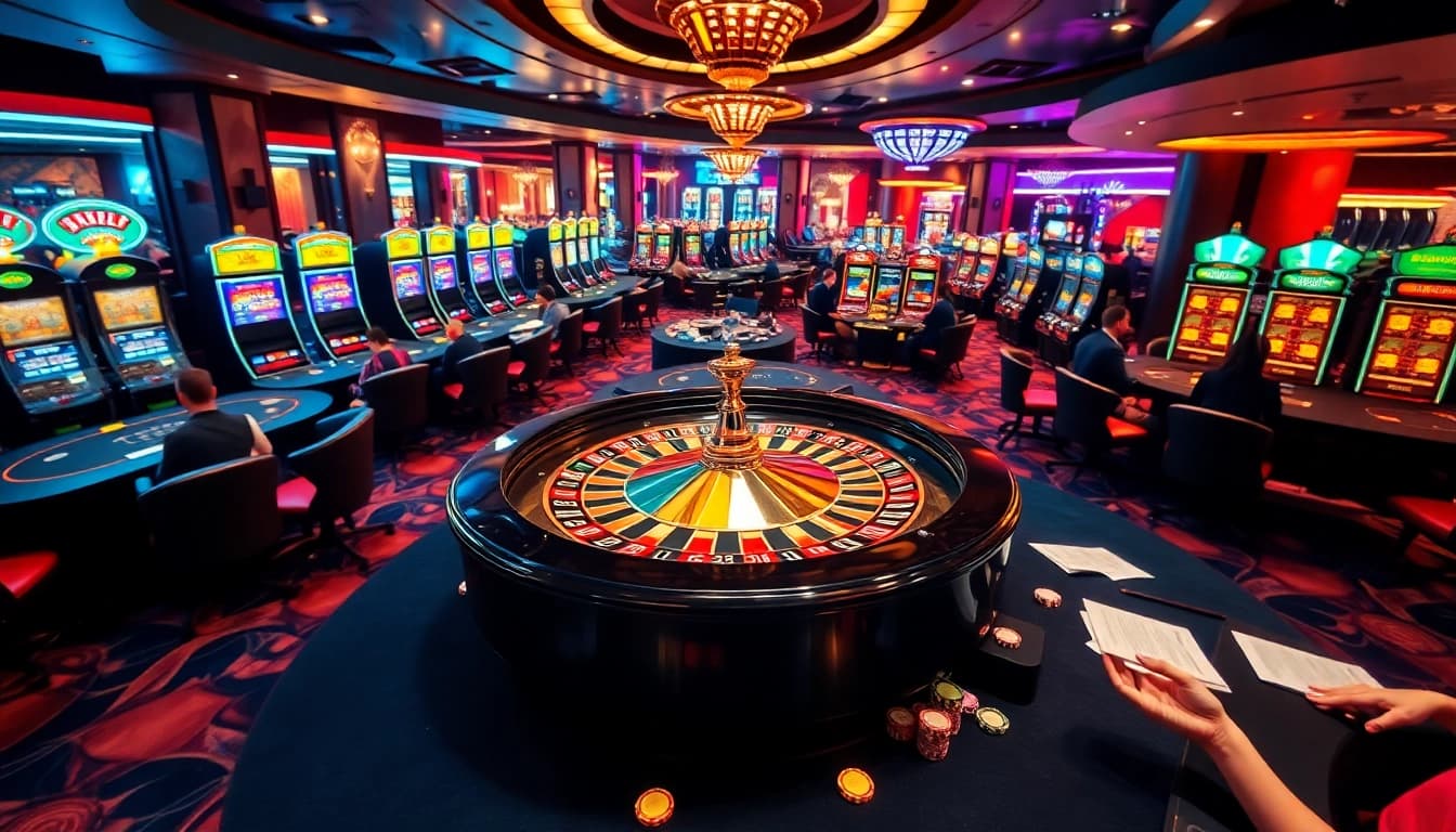 Engaging casino scene emphasizing the excitement of Trang chu daga with roulette, poker, and vibrant slot machines.