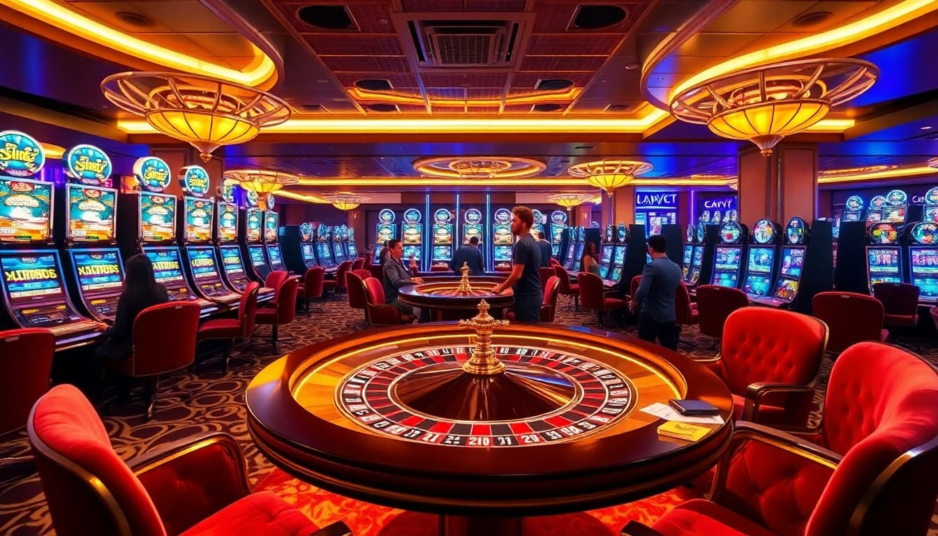 A thrilling qqalfa gaming experience with luxurious slot machines and roulette table in a vibrant casino environment.