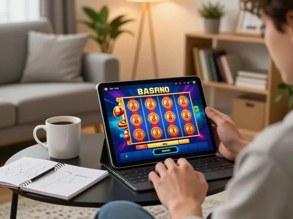 Engaging gaming moment with 8day app on tablet, showcasing vibrant slot game action at home.