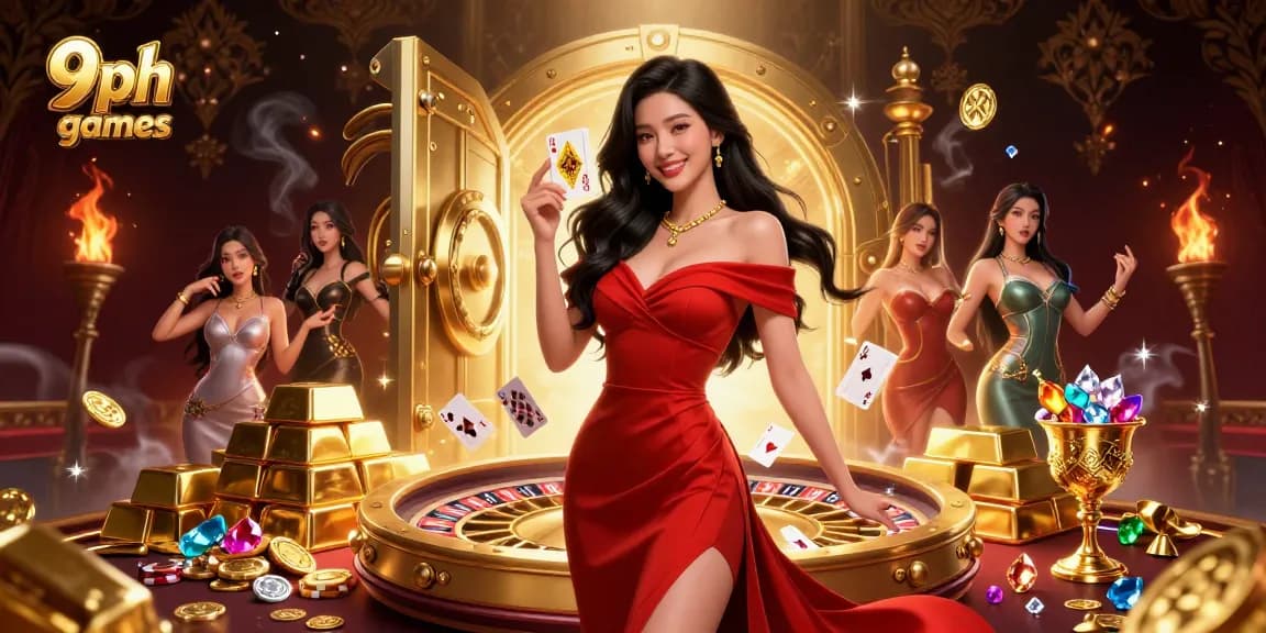 Experience thrilling 9ph games with a captivating scene of a confident player, roulette wheel, and golden treasures