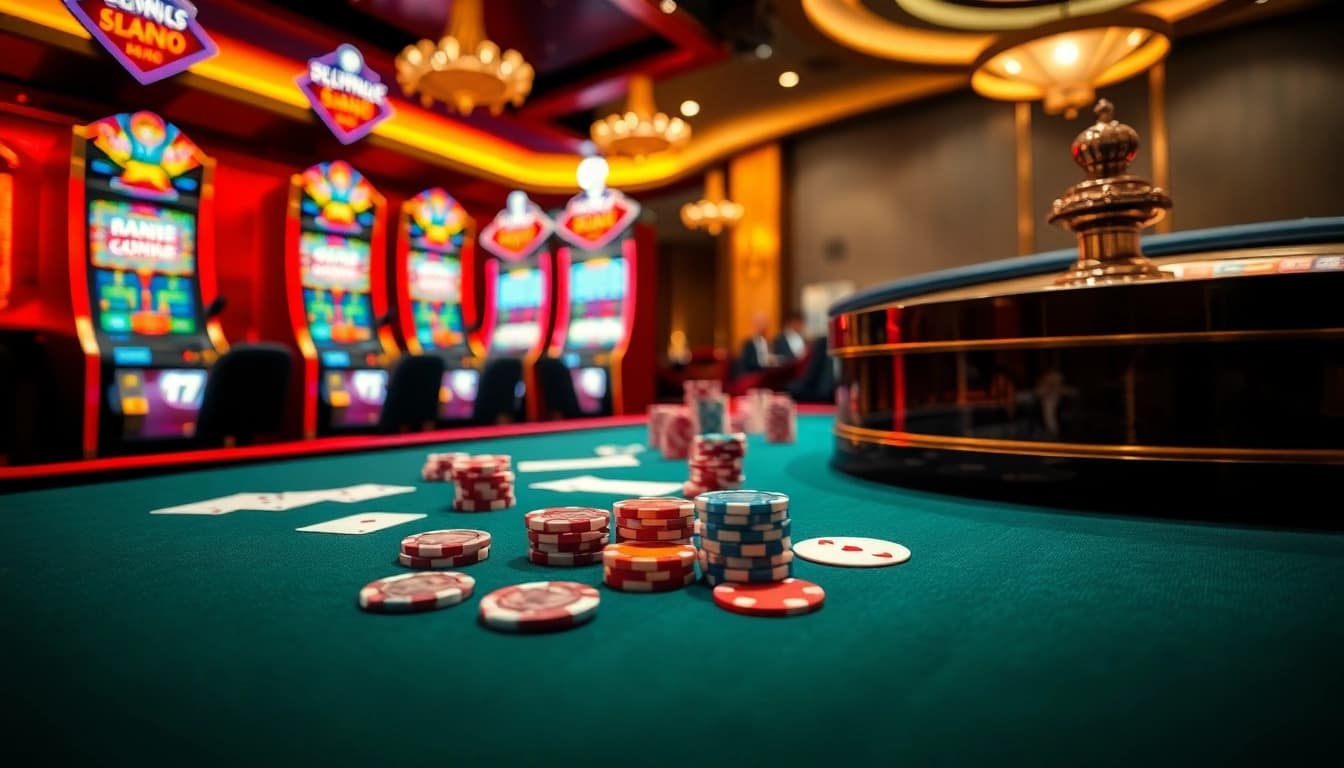 Experience thrilling gaming at https://mm88.london/ with vibrant casino scenes including tables and slot machines.