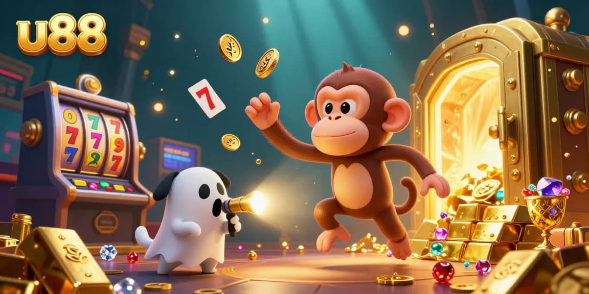 Engage with u88's captivating casino scene featuring a playful poltergeist monkey and curious puppy amidst golden treasures.