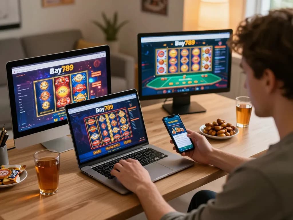 Engaged player exploring Bay789 online casino on laptop and smartphone for an exciting gaming experience