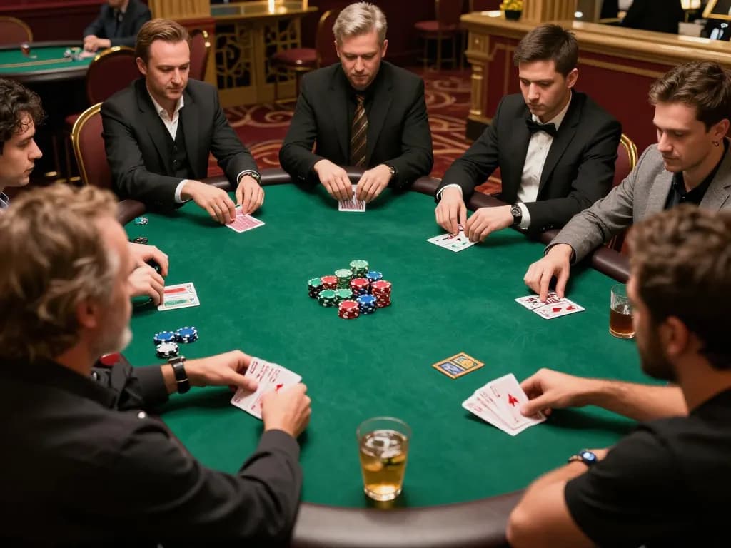 Players engaging in a competitive poker game at a luxurious casino, showcasing 33winvn's vibrant community