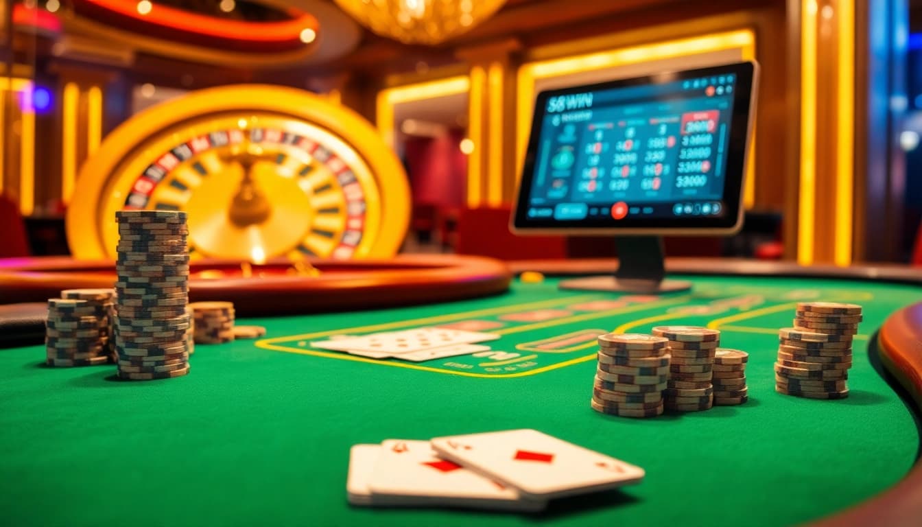 Players engaging in games at 58WIN's luxurious casino featuring blackjack, roulette, and vibrant tablets for online betting.