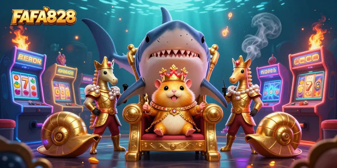Experience FAFA828's vibrant casino adventure with a golden hamster king and seahorse guards.