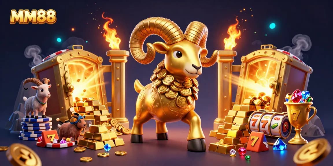 Experience the excitement of MM88 with a golden ram charging through a vibrant casino scene.