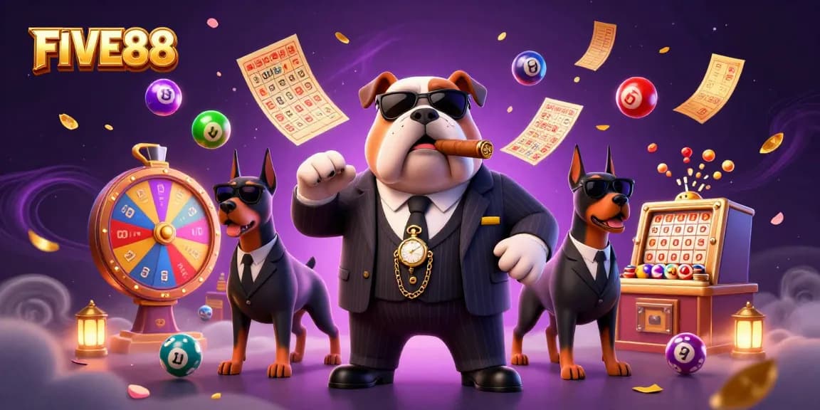 Experience exciting games at FIVE88 with a cartoon mafia boss and dynamic casino elements.