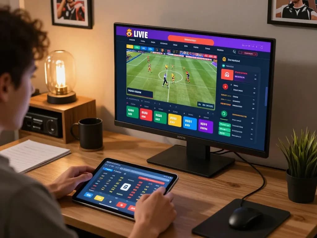 Engaged user placing bets on a nhà cái platform with live sports updates displayed on a tablet.