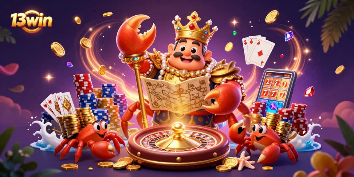 Experience 13win's thrilling gaming universe with a golden crab emperor and treasures!