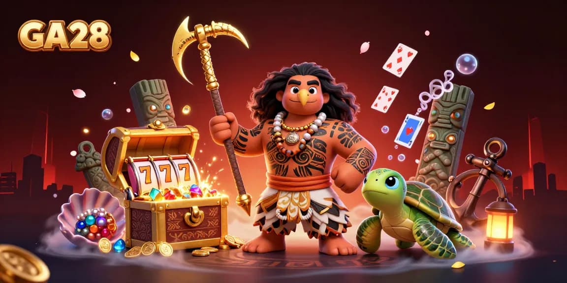 GA28 showcases an exciting casino scene with a vibrant Hawaiian-style demigod, slot machines, and treasure.