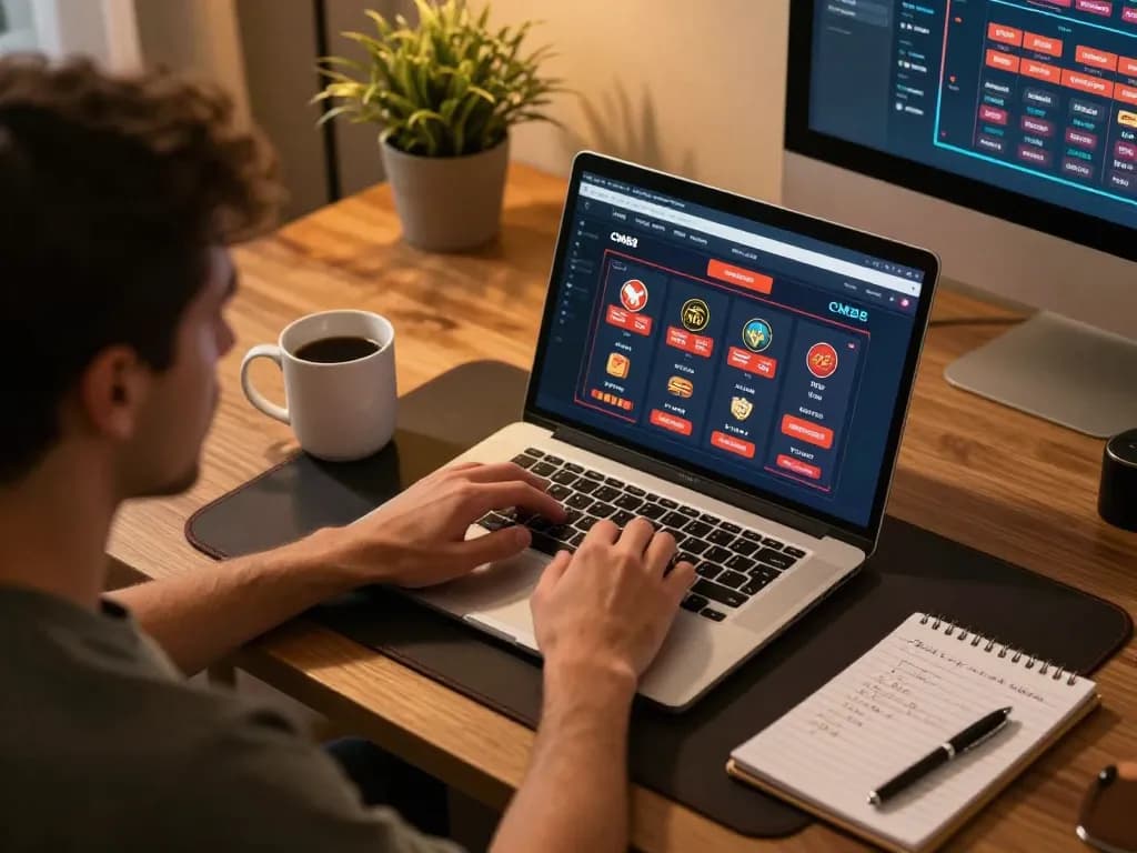 Player engages with CM88 online casino on laptop, showcasing vibrant gaming interface and cozy home setup.