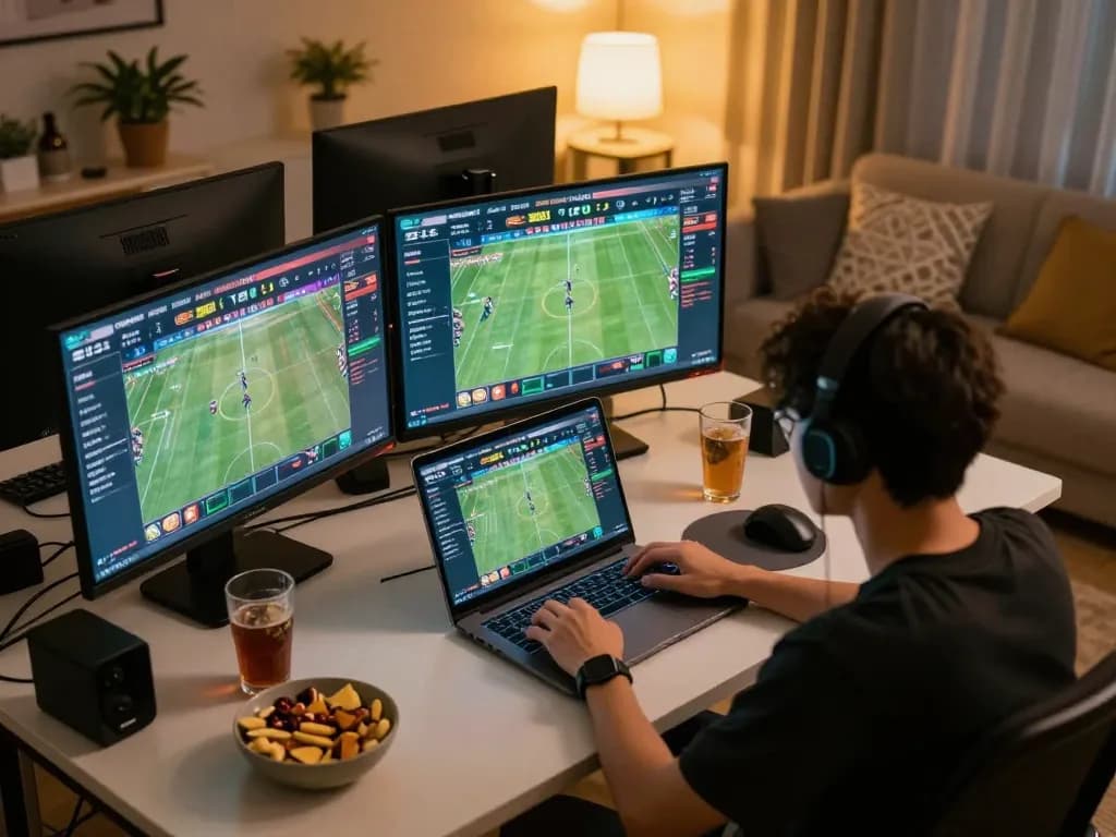 Engaged player using 9BET for live sports betting at home with laptop and snacks.