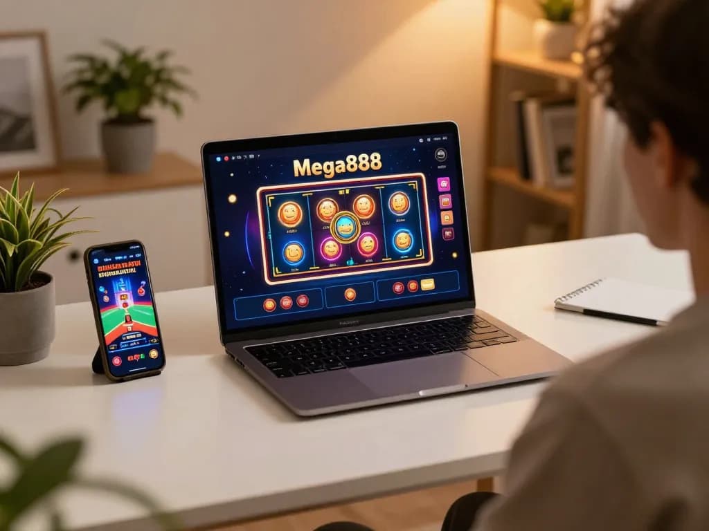 Person playing Mega888 on laptop at home, showcasing responsible gambling and strategic gameplay.