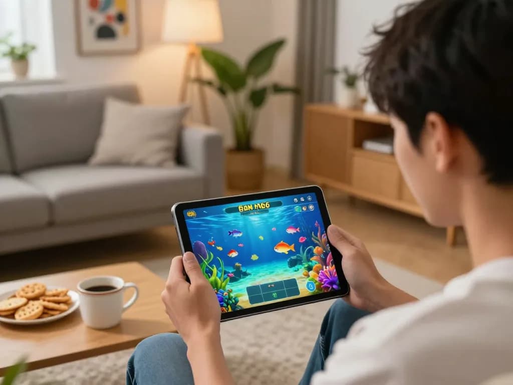 bắn cá mb66 gameplay on tablet in modern living room, showcasing engaging fish targets and player's concentration.
