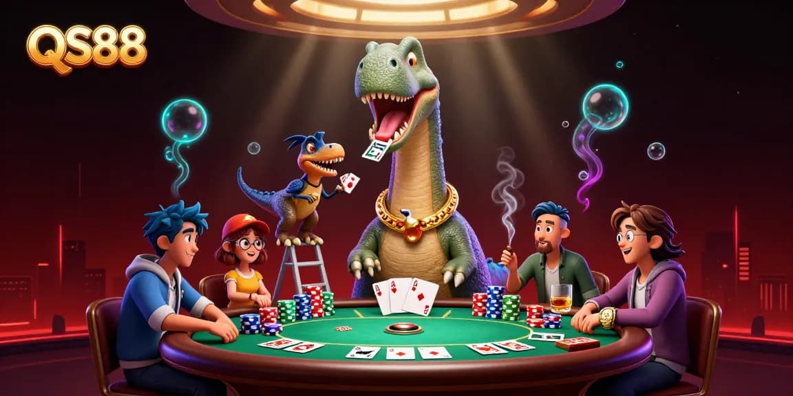 Experience QS88 in a vibrant casino scene with a giant brontosaurus, clever raptor dealer, and colorful poker elements.