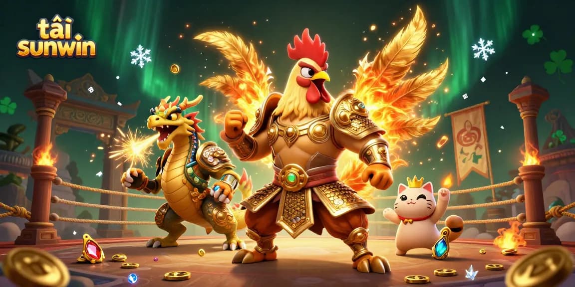 Engage with tải sunwin in this vibrant scene of a fighting rooster and dragon at a casino arena.