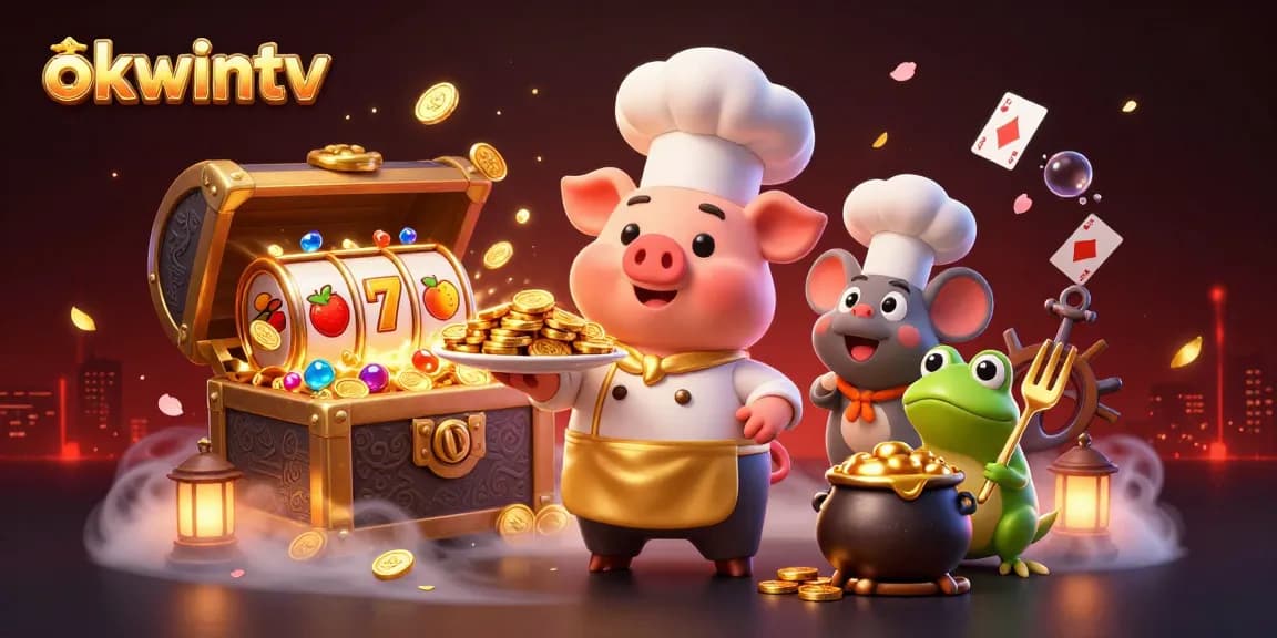 Okwintv showcases excitement with a 3D cartoon chef pig serving gold coins in a vibrant casino setting.