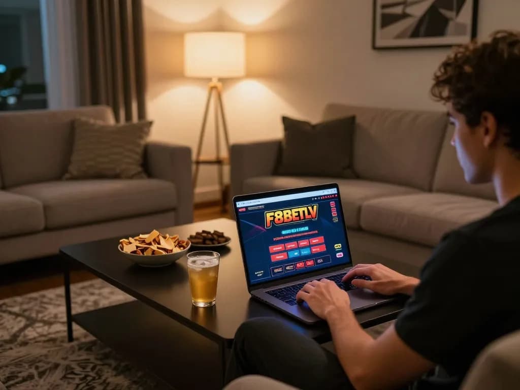 Player engaging with F8BETLV's online casino from a cozy living room, demonstrating immersive gaming experience.