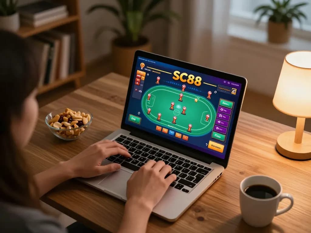 Engaging in SC88 online casino gaming from home, showcasing vibrant poker gameplay on a laptop