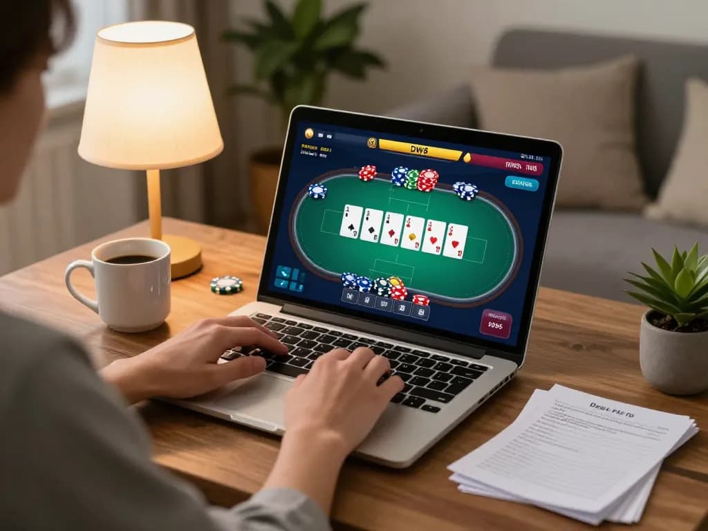 Player immersing in an online poker game on DW8 with strategic betting notes on the table.