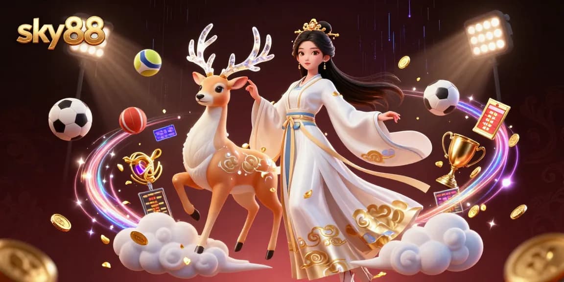 Experience thrilling gameplay with sky88 in this vibrant 3D illustration of a dynamic casino environment.