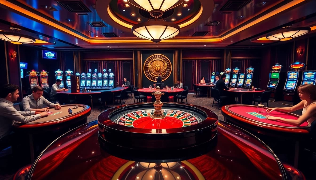A lively casino scene showcasing players at tables and slot machines featuring the logo https://tr88.autos/ amid vibrant game action.