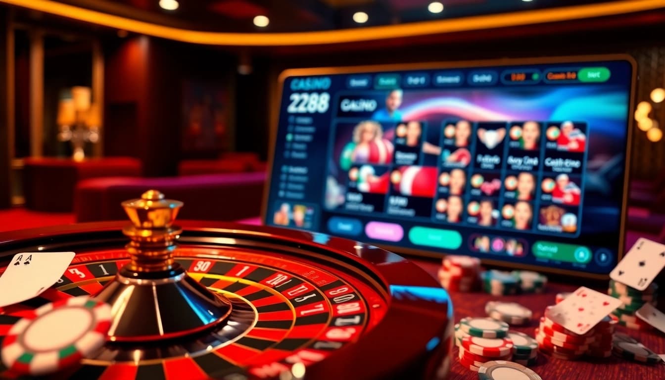 Experience the excitement of nhà cái hz88 with vibrant casino visuals featuring roulette, poker chips, and an online interface.